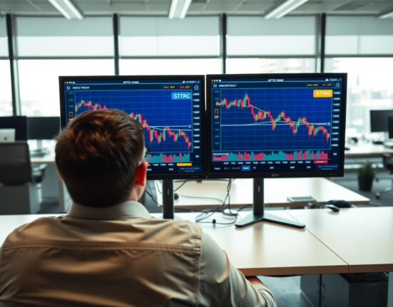 Financial analyst monitors showing correlated price charts of Bitcoin and MicroStrategy STRC stock in a newsroom setting