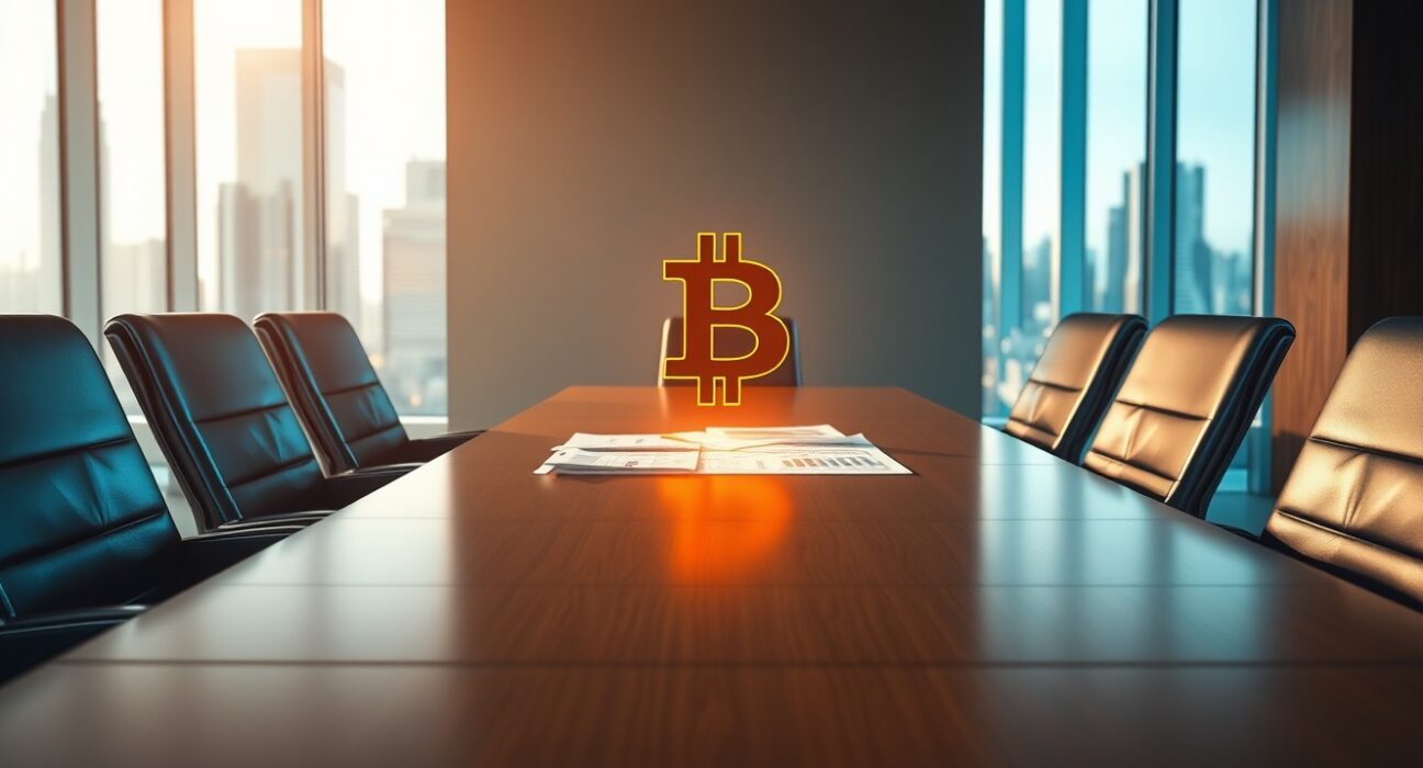 Corporate boardroom scene representing MicroStrategy's strategic Bitcoin investment decision and treasury management.
