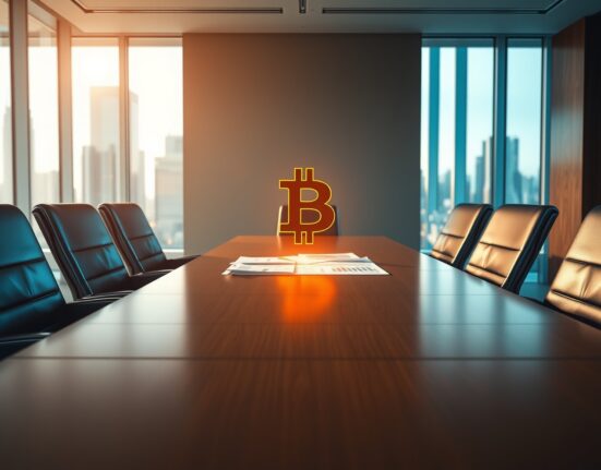 Corporate boardroom scene representing MicroStrategy's strategic Bitcoin investment decision and treasury management.