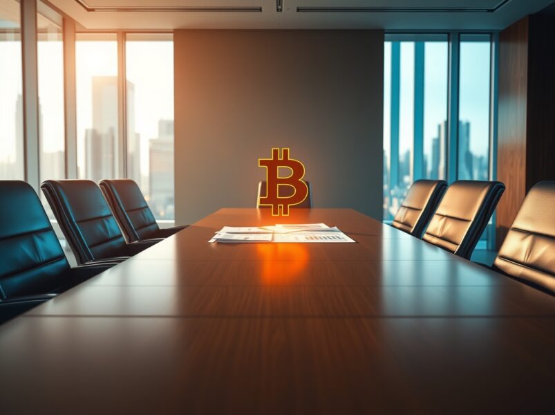 Corporate boardroom scene representing MicroStrategy's strategic Bitcoin investment decision and treasury management.