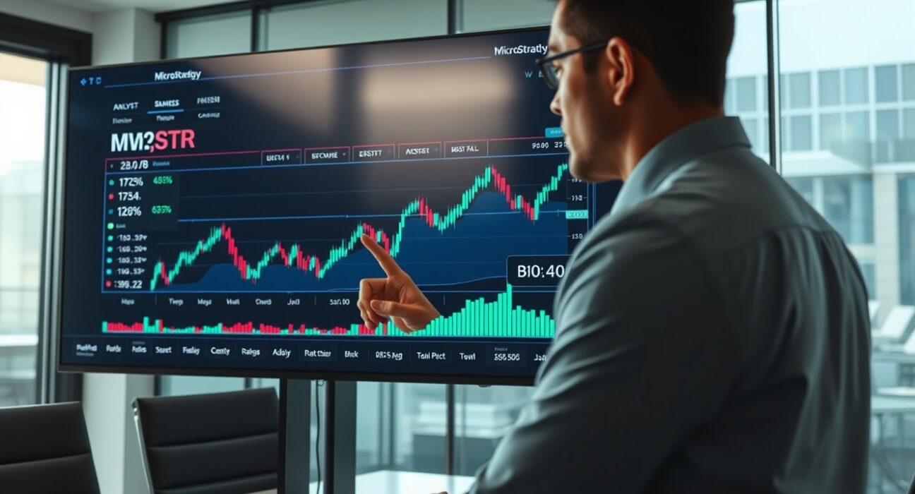 Financial analyst reviewing MicroStrategy stock and Bitcoin price charts on a large screen in a modern office