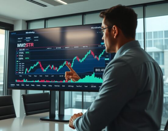 Financial analyst reviewing MicroStrategy stock and Bitcoin price charts on a large screen in a modern office