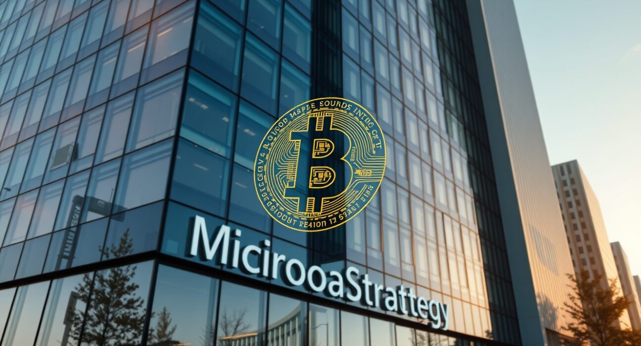 Modern office building with a Bitcoin symbol integrated into the glass facade, representing MicroStrategy's headquarters.