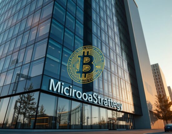 Modern office building with a Bitcoin symbol integrated into the glass facade, representing MicroStrategy's headquarters.