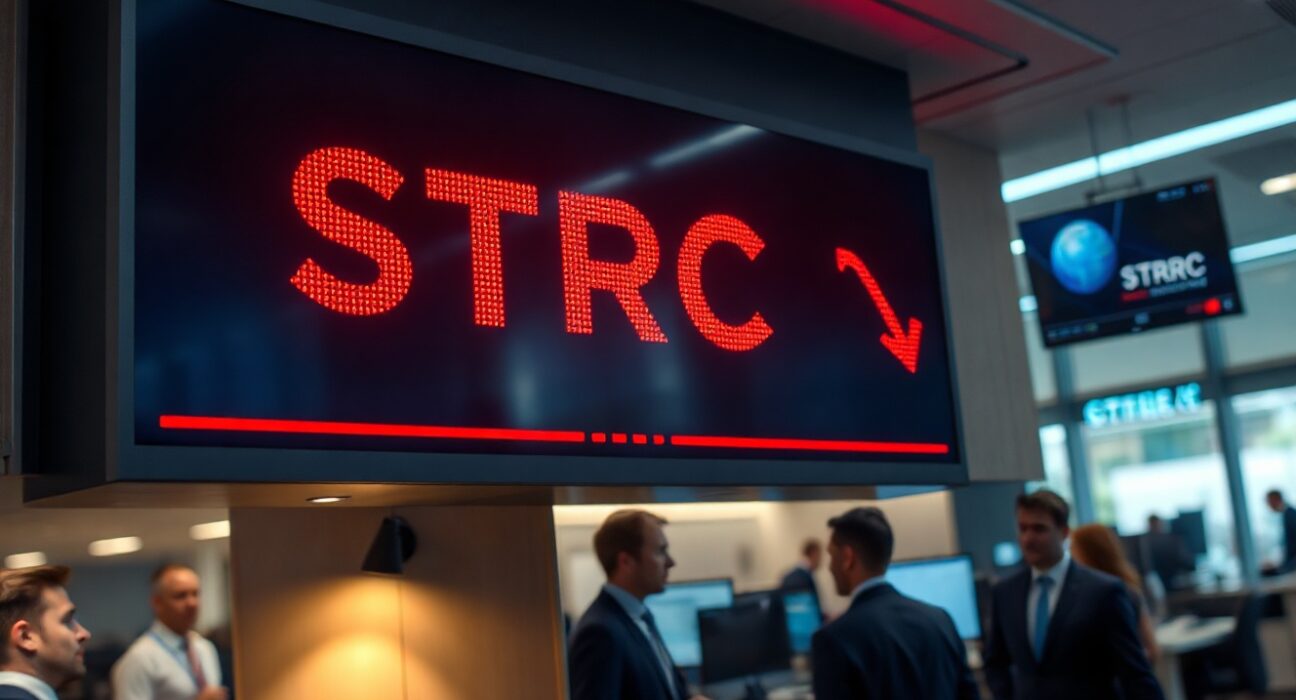 Digital stock ticker showing MicroStrategy STRC at $85.60, hitting a new all-time low.
