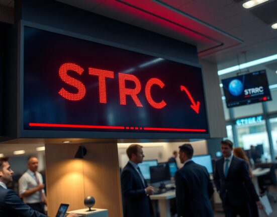 Digital stock ticker showing MicroStrategy STRC at $85.60, hitting a new all-time low.