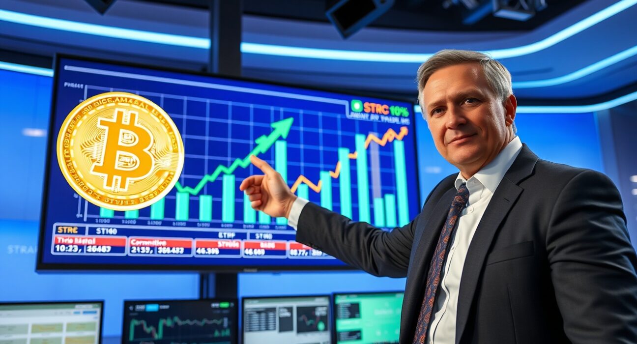 Analyst pointing to a screen showing Bitcoin price chart and STRC vs ETF comparison graph in a financial news studio.