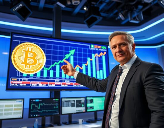 Analyst pointing to a screen showing Bitcoin price chart and STRC vs ETF comparison graph in a financial news studio.