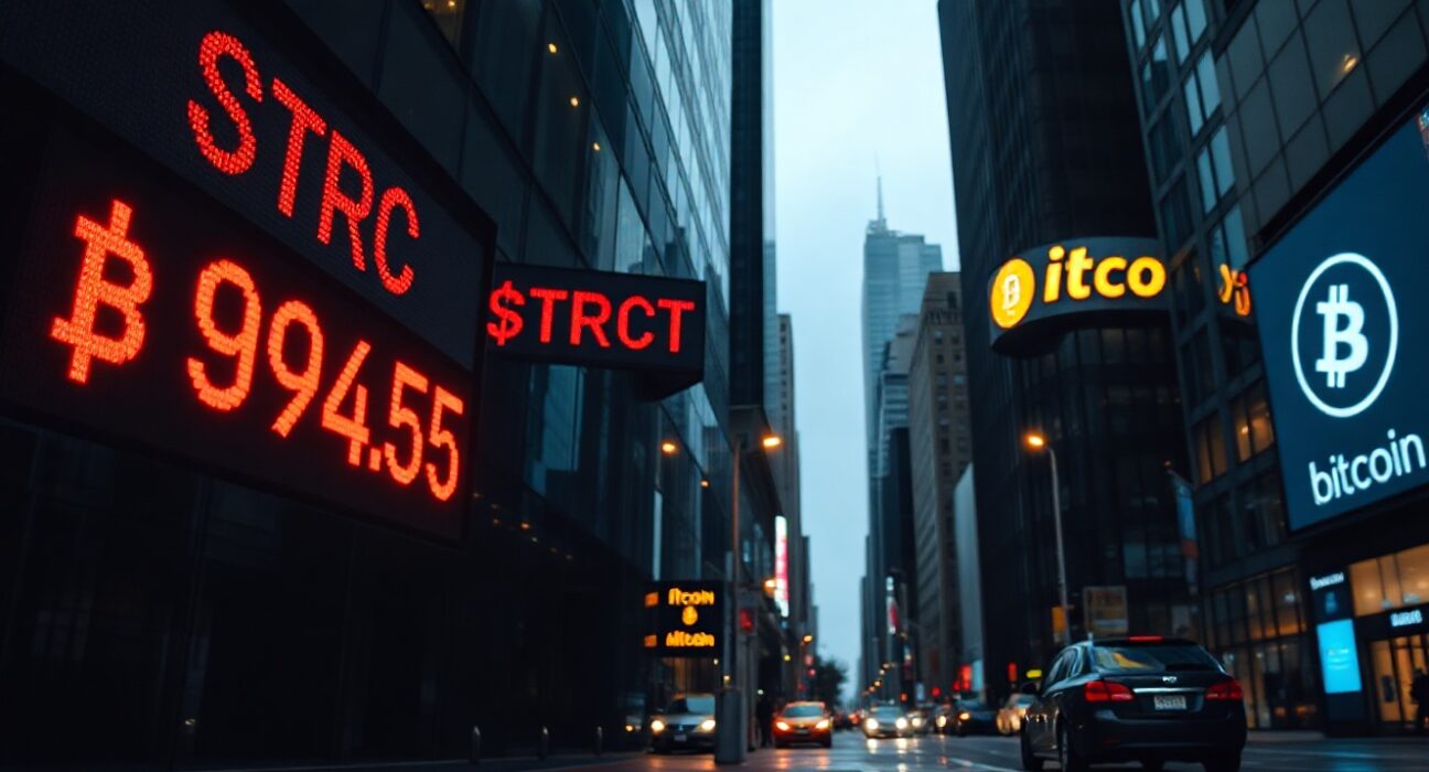 Digital stock ticker showing MicroStrategy STRC price at $94.65 with a downward arrow in a financial district at dusk