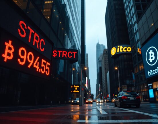 Digital stock ticker showing MicroStrategy STRC price at $94.65 with a downward arrow in a financial district at dusk