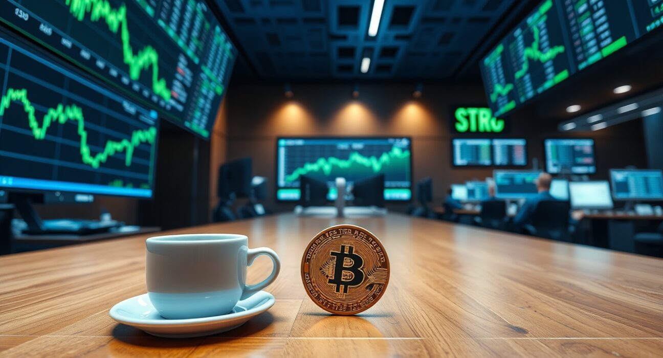 Stock trading floor with screens showing STRC ticker and Bitcoin coin on desk