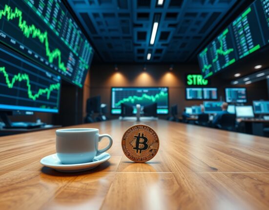 Stock trading floor with screens showing STRC ticker and Bitcoin coin on desk
