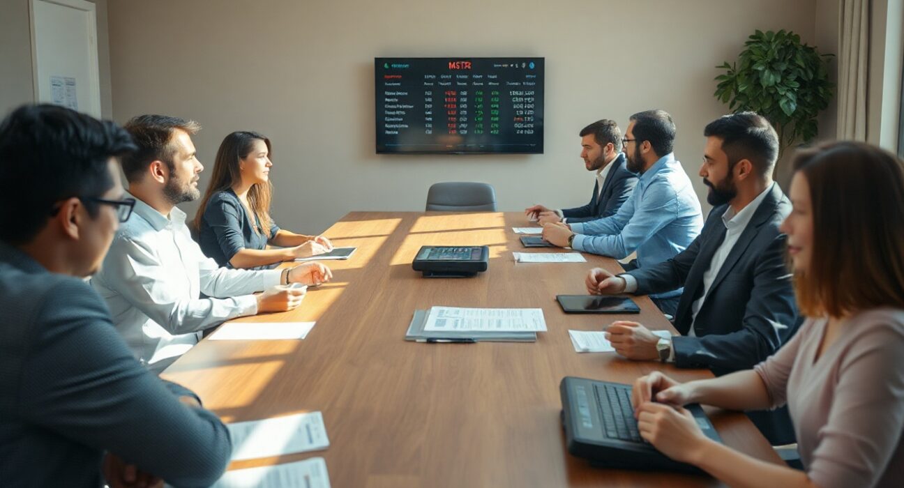 Corporate boardroom meeting with professionals discussing MicroStrategy dividend changes