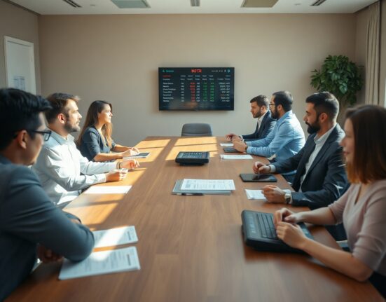 Corporate boardroom meeting with professionals discussing MicroStrategy dividend changes
