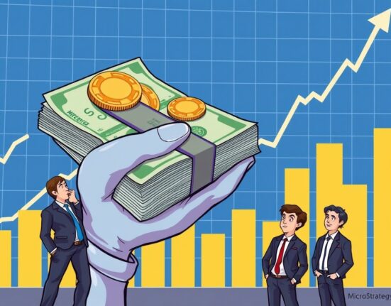 A cartoon illustration showing MicroStrategy's strategic move to issue more MicroStrategy STRC shares, impacting the crypto market.