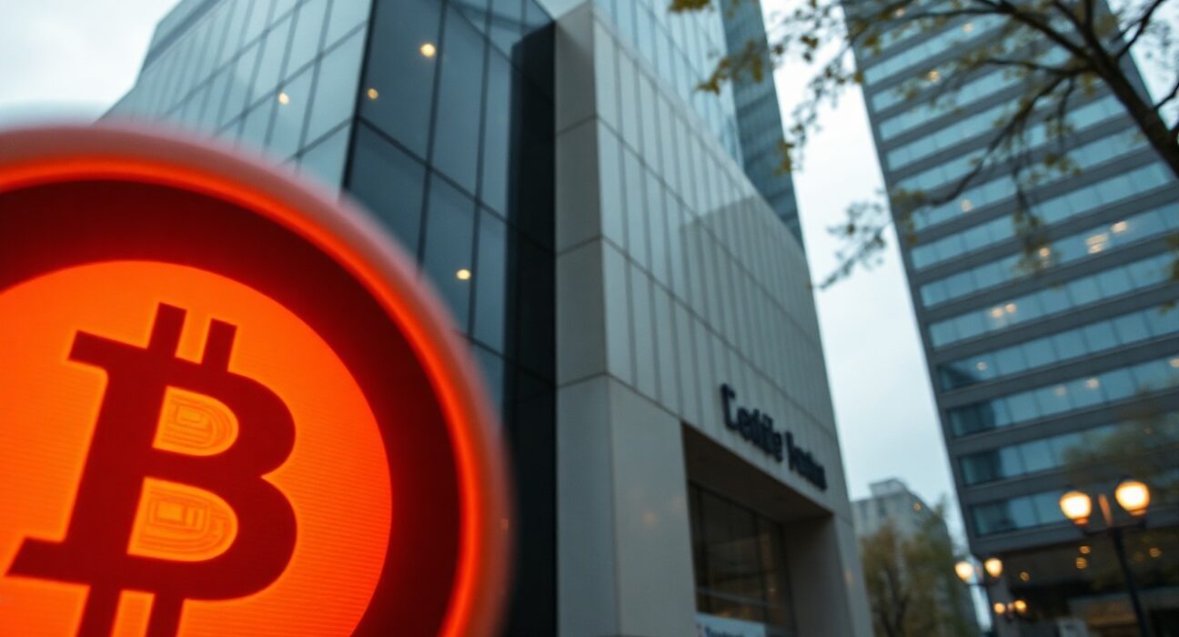MicroStrategy headquarters building with a muted Bitcoin symbol overlay representing financial pressure.