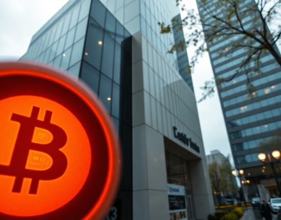 MicroStrategy headquarters building with a muted Bitcoin symbol overlay representing financial pressure.