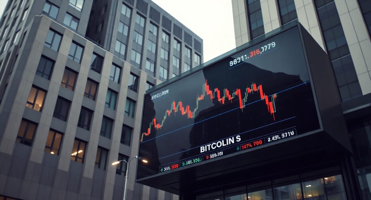 Corporate building with a digital screen showing a declining Bitcoin price chart, representing MicroStrategy's unrealized BTC loss.