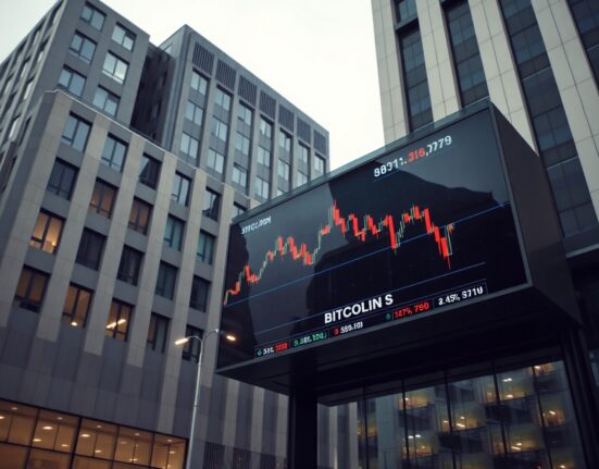 Corporate building with a digital screen showing a declining Bitcoin price chart, representing MicroStrategy's unrealized BTC loss.