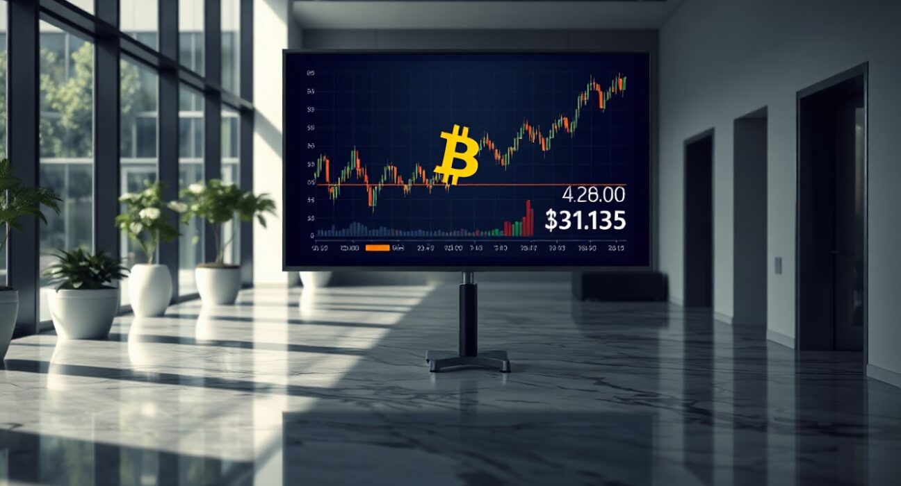 Digital screen showing Bitcoin chart and wallet balance in a modern corporate lobby