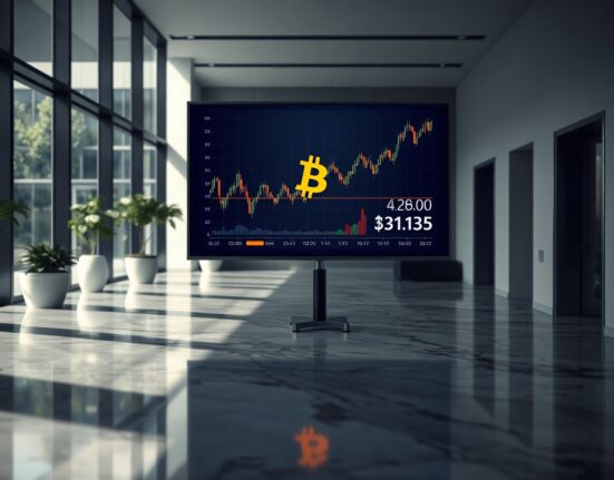 Digital screen showing Bitcoin chart and wallet balance in a modern corporate lobby
