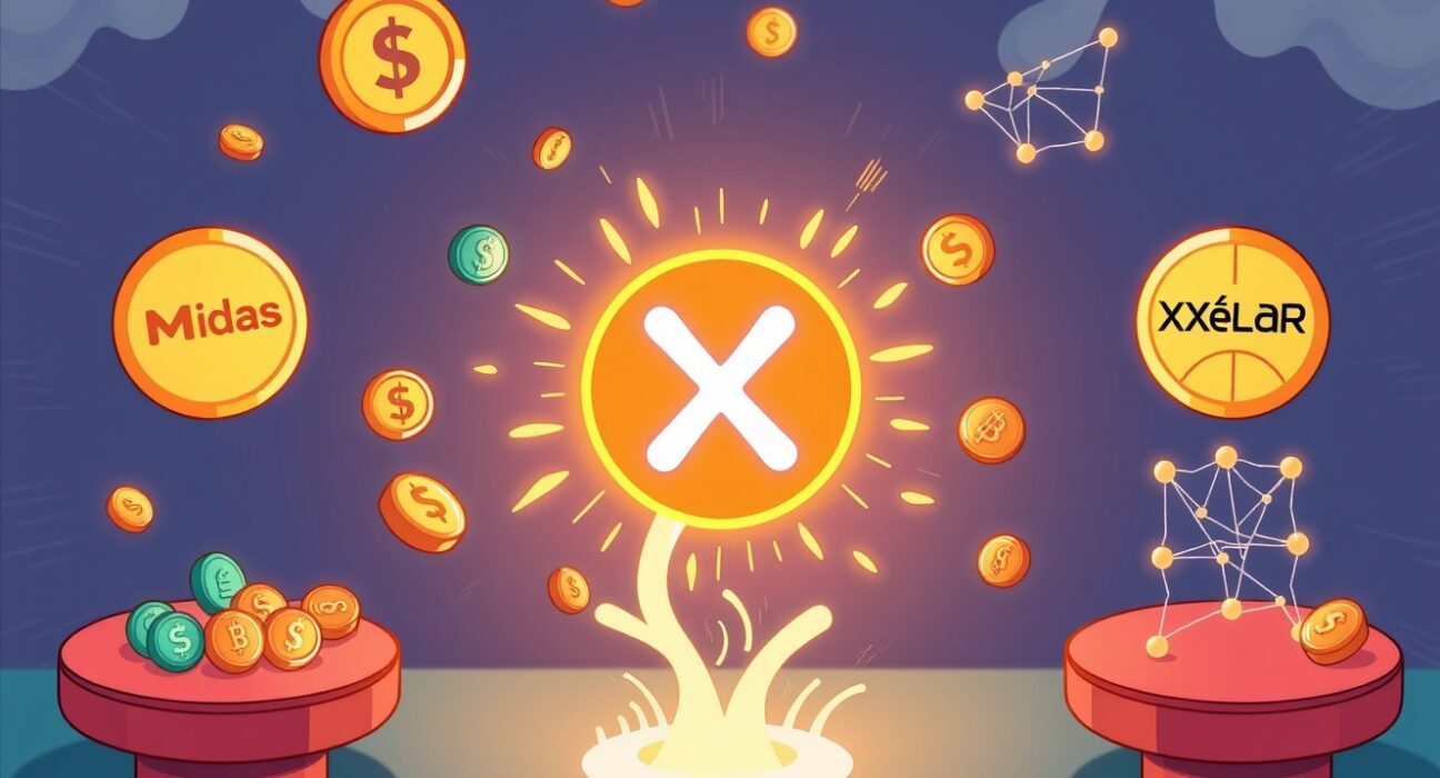 A cartoon showing tokenized XRP flowing between Midas and Axelar platforms, symbolizing its launch and yield.