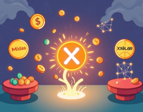 A cartoon showing tokenized XRP flowing between Midas and Axelar platforms, symbolizing its launch and yield.