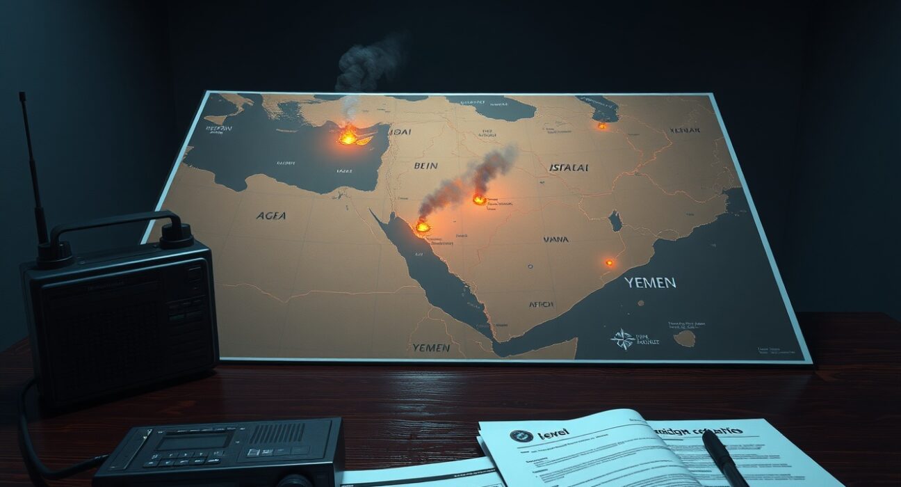 Middle East conflict escalation map showing Houthi attacks from Yemen targeting Israel