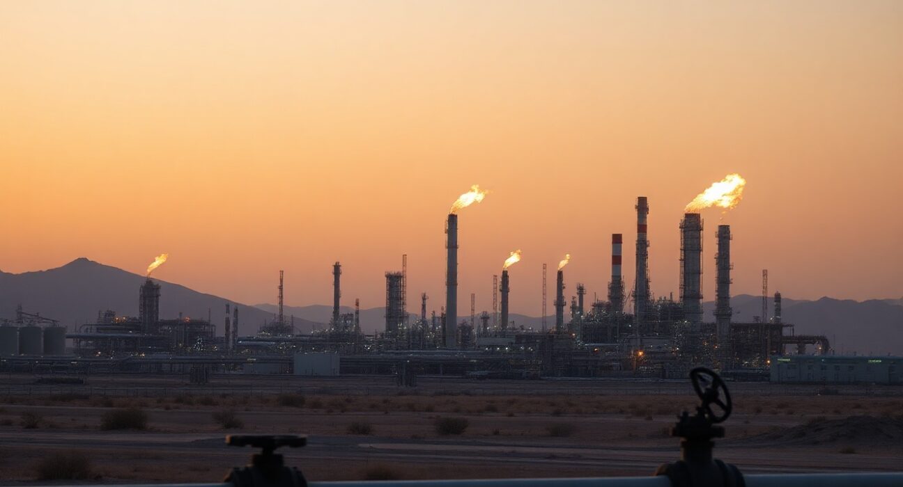 Oil refinery at dusk with flares, representing energy infrastructure and geopolitical risk in the Middle East.