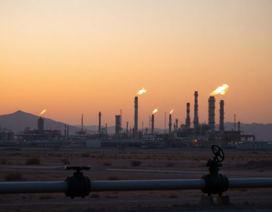 Oil refinery at dusk with flares, representing energy infrastructure and geopolitical risk in the Middle East.