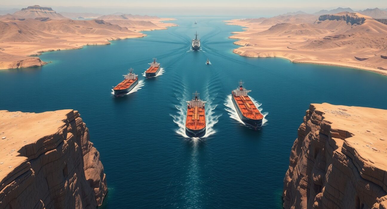 Strategic Strait of Hormuz waterway showing oil tanker traffic amid Middle East conflict tensions