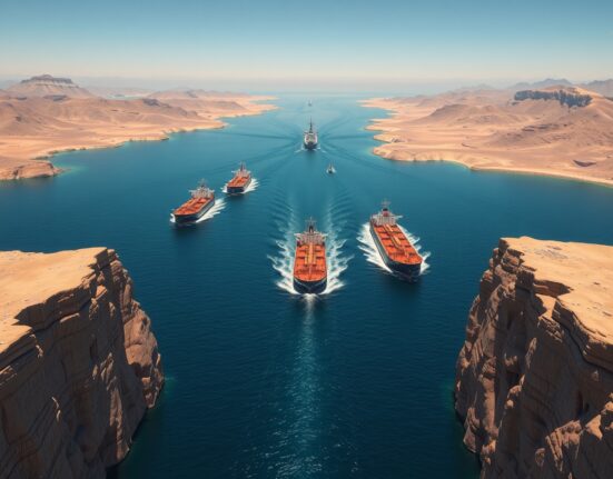 Strategic Strait of Hormuz waterway showing oil tanker traffic amid Middle East conflict tensions