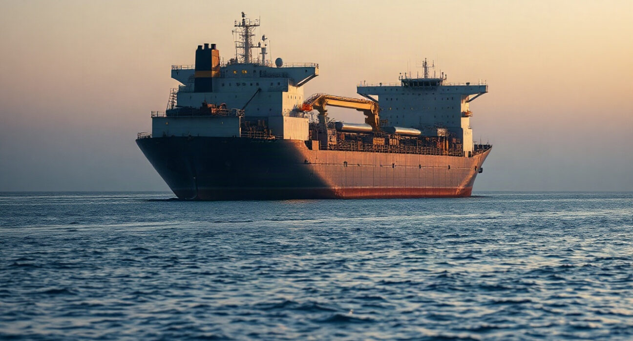 A large oil tanker ship anchored at sea as energy prices rise due to Middle East tensions.
