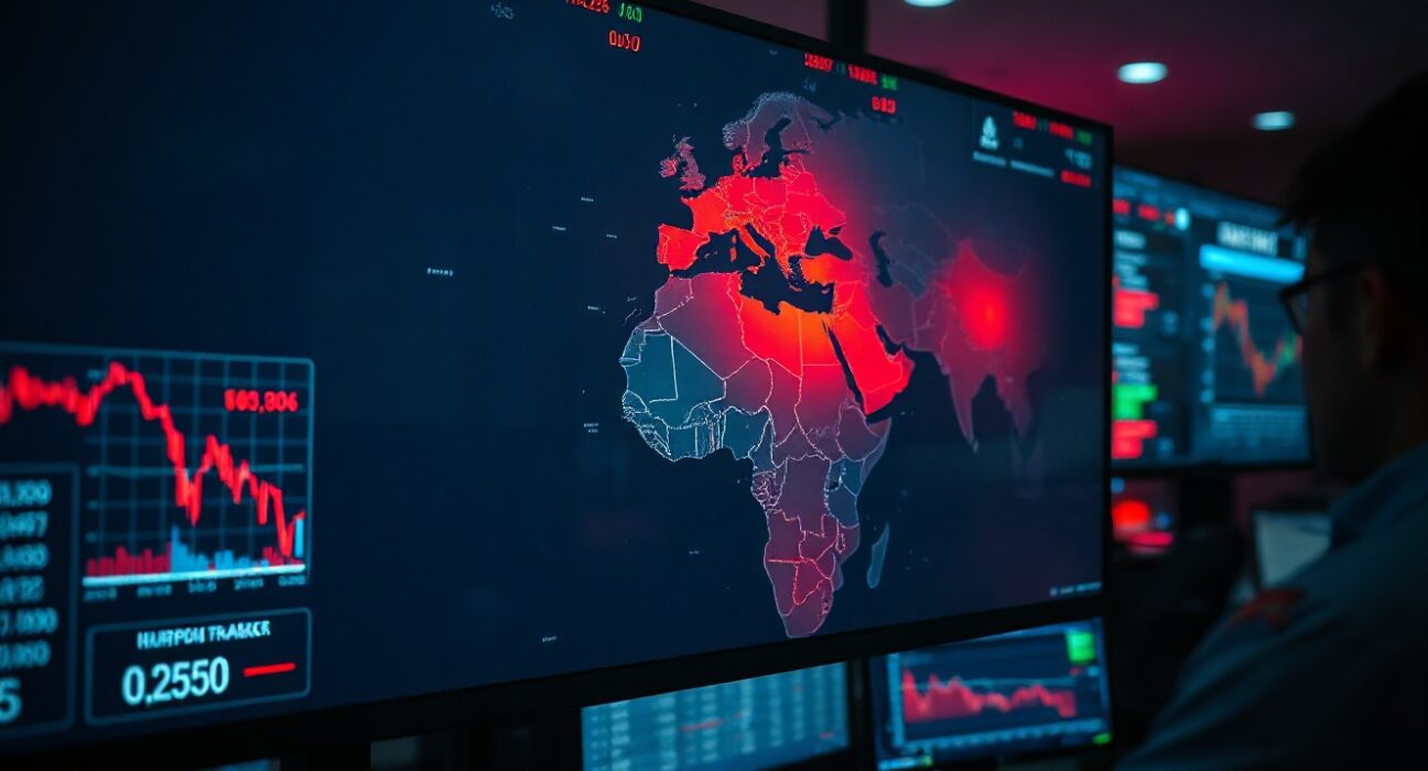 Trader monitoring screens showing Middle East map and market data on a trading floor