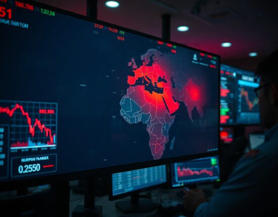 Trader monitoring screens showing Middle East map and market data on a trading floor