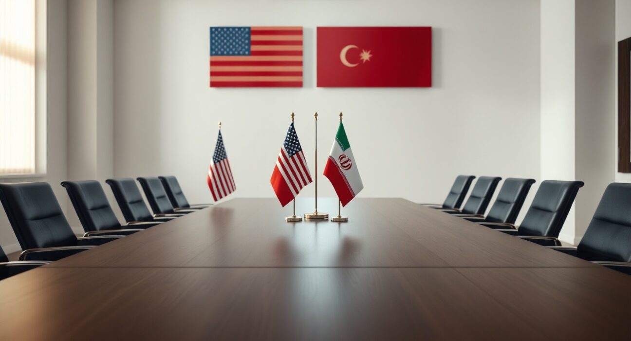 Empty diplomatic negotiation table with US and Iran flags in a formal meeting room, symbolizing ongoing peace talks.