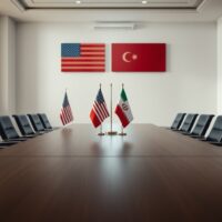 Empty diplomatic negotiation table with US and Iran flags in a formal meeting room, symbolizing ongoing peace talks.