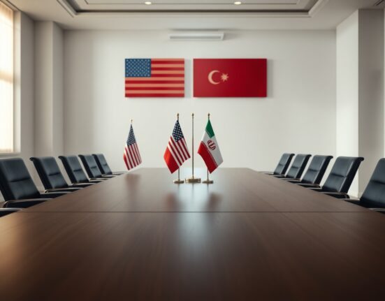 Empty diplomatic negotiation table with US and Iran flags in a formal meeting room, symbolizing ongoing peace talks.