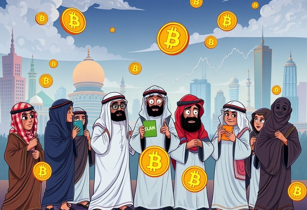 A cartoon illustration depicting the significant, yet understated, Middle Eastern Bitcoin investments and their growing influence in the crypto market.