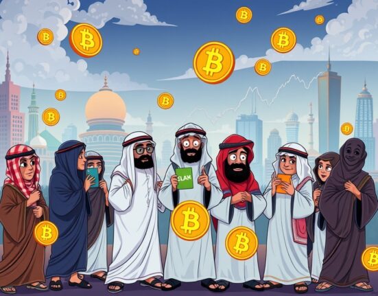 A cartoon illustration depicting the significant, yet understated, Middle Eastern Bitcoin investments and their growing influence in the crypto market.