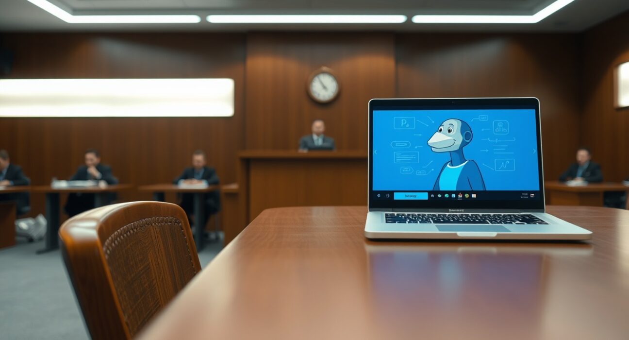 Courtroom scene with laptop showing AI-generated character image in Midjourney copyright case