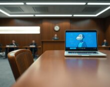 Courtroom scene with laptop showing AI-generated character image in Midjourney copyright case