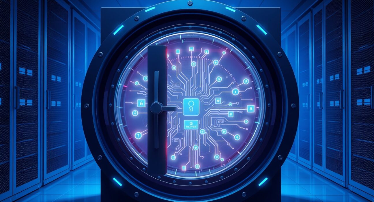 Midnight blockchain secure data vault with encrypted streams representing privacy-focused cryptocurrency technology