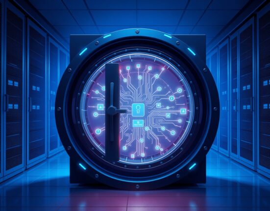 Midnight blockchain secure data vault with encrypted streams representing privacy-focused cryptocurrency technology