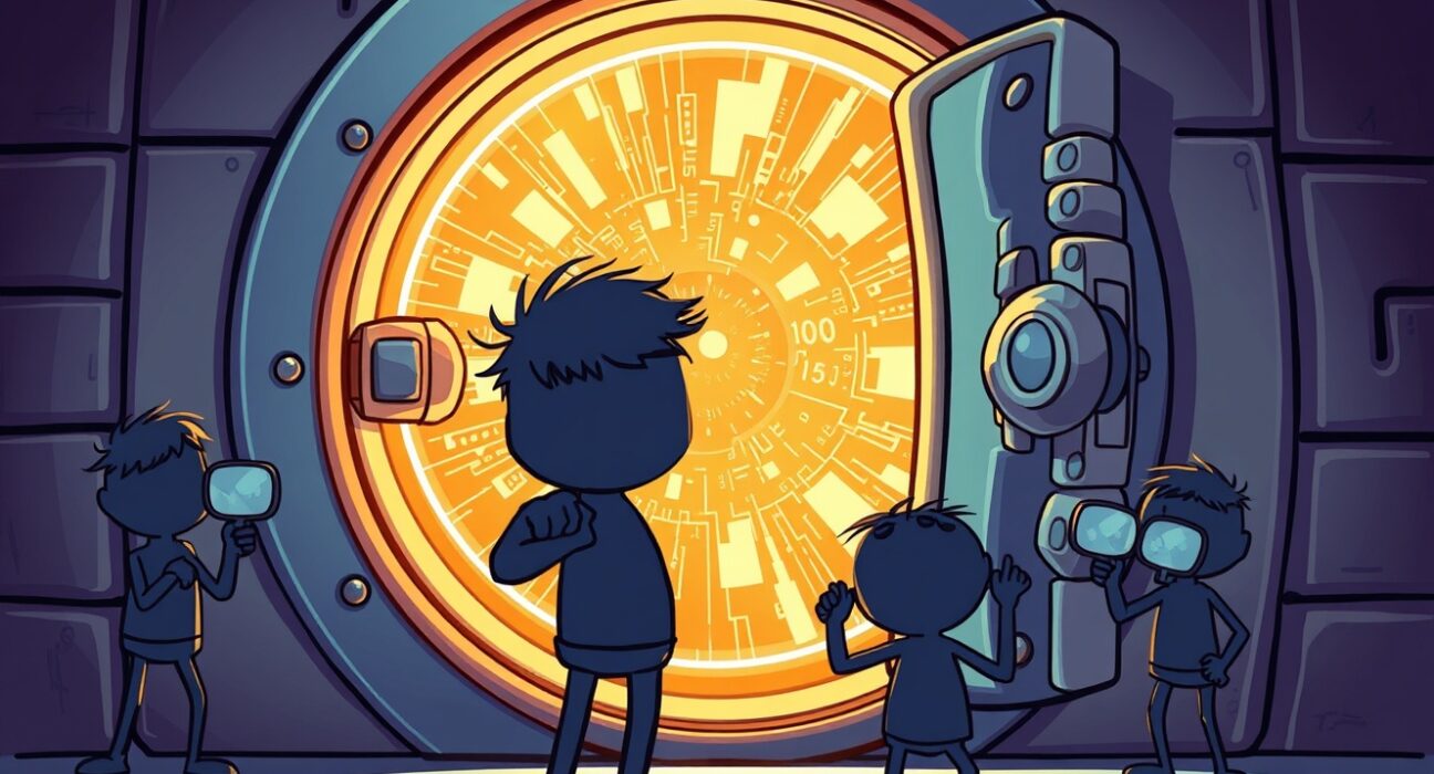 Illustration of the revolutionary Midnight blockchain protecting digital data as a futuristic vault.