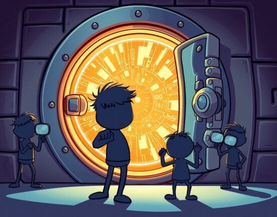 Illustration of the revolutionary Midnight blockchain protecting digital data as a futuristic vault.