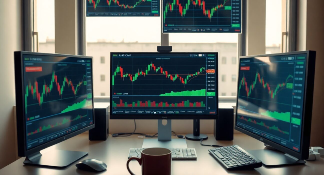 Financial charts on monitors showing AUD/USD, USD/CAD, and Nvidia stock price movements