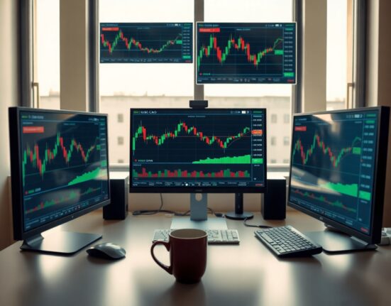 Financial charts on monitors showing AUD/USD, USD/CAD, and Nvidia stock price movements