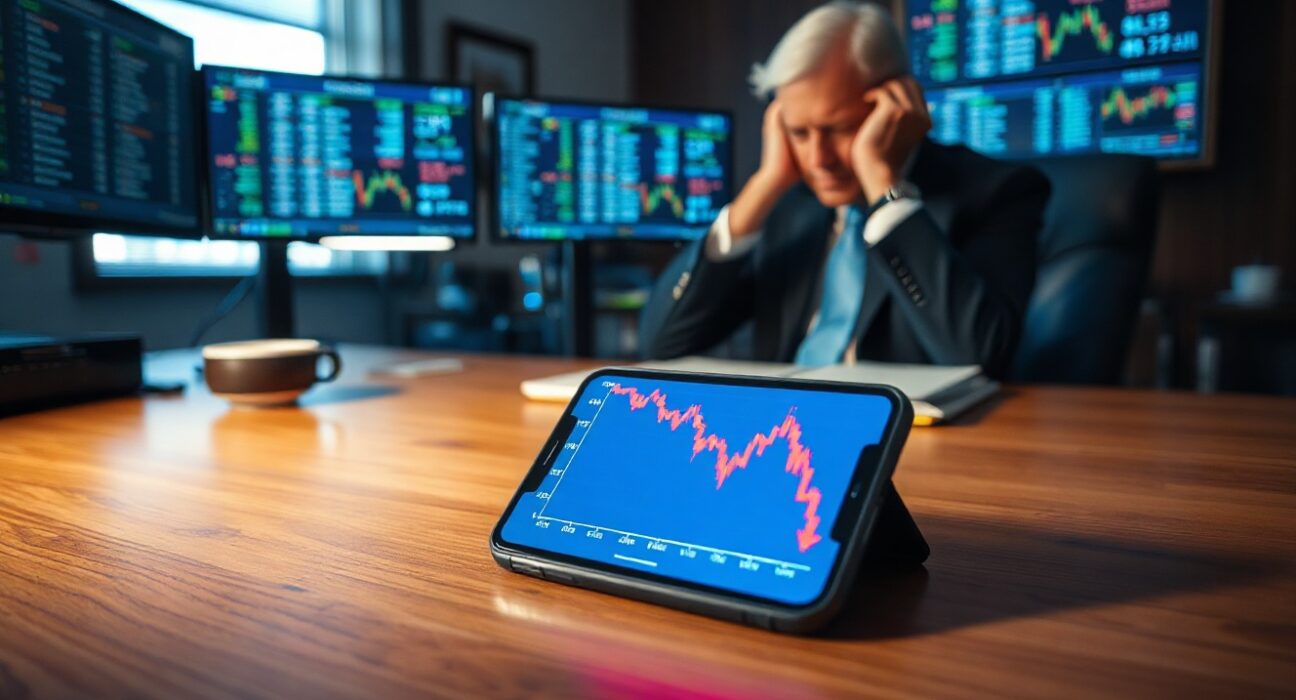 Smartphone on a desk showing a crashed cryptocurrency chart with a disappointed congressman in the background.