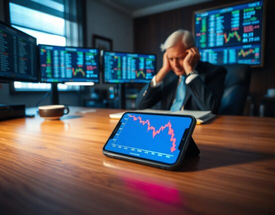 Smartphone on a desk showing a crashed cryptocurrency chart with a disappointed congressman in the background.